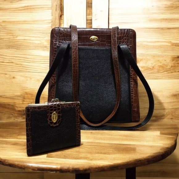 Bally Handbags - Bally 1980s Black Leather & Croc Embossed Trim Vertical Kelly Bag And Wallet